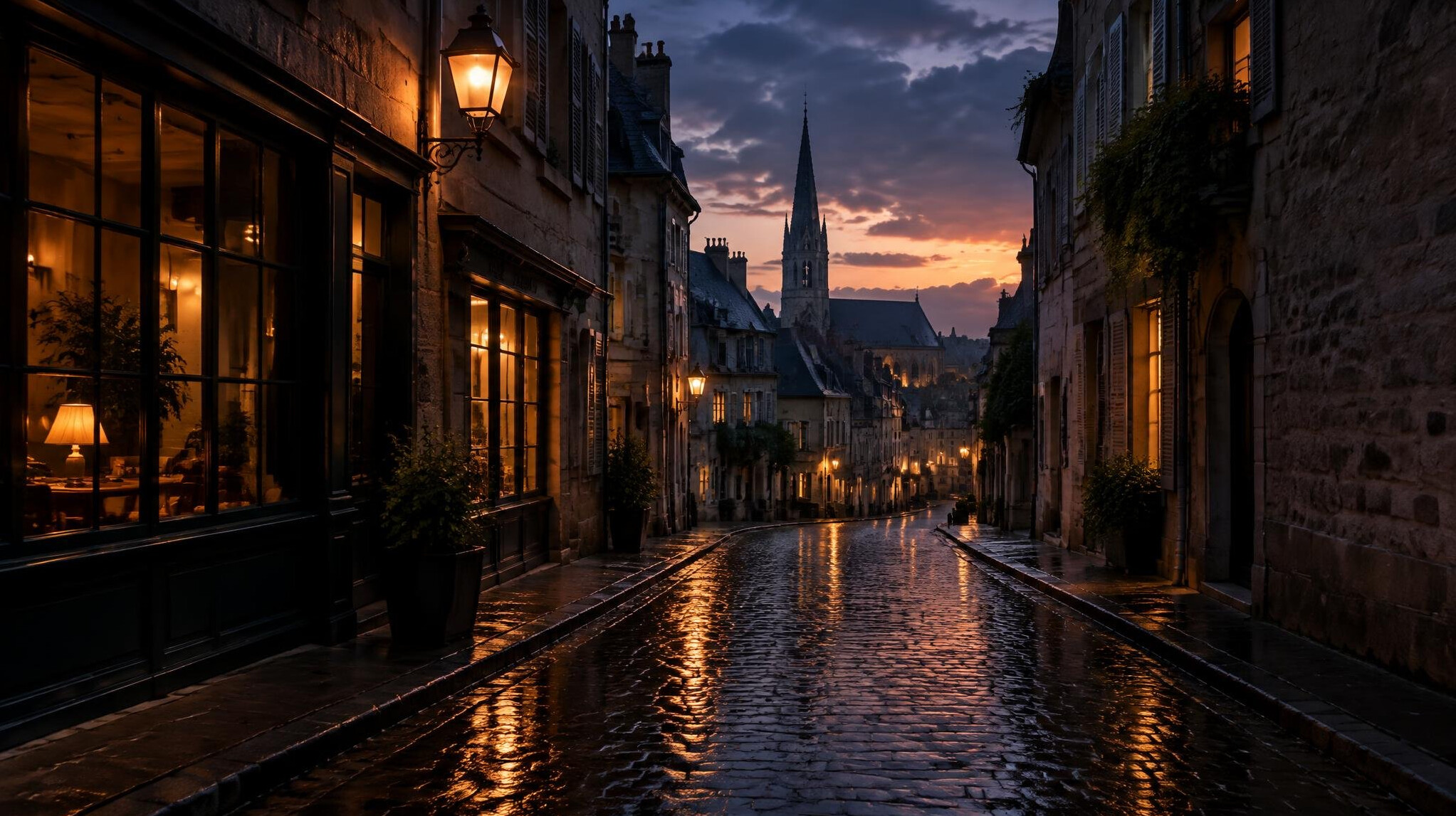 Wet city street at dusk with warm window lights
